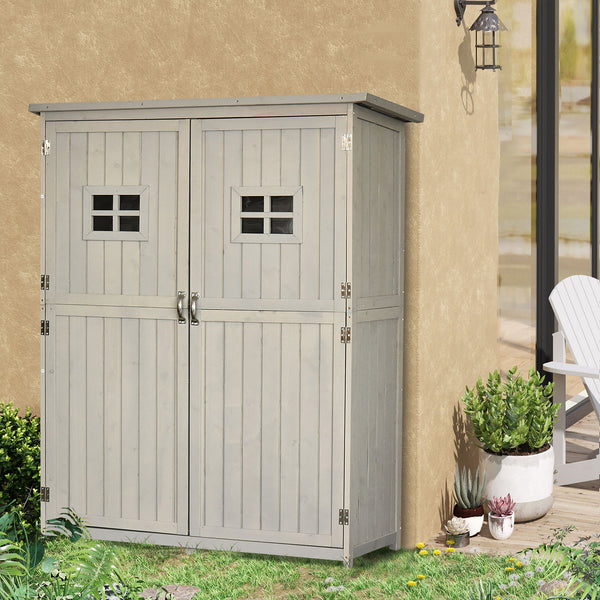 Abri de Jardin en bois Armoire de Jardin dim. 127,5L x 50l x 164H cm 2 étagères 2 Portes 2 fenêtres Toit bitumé étanche Bois Massif Sapin pré-huilé Gris