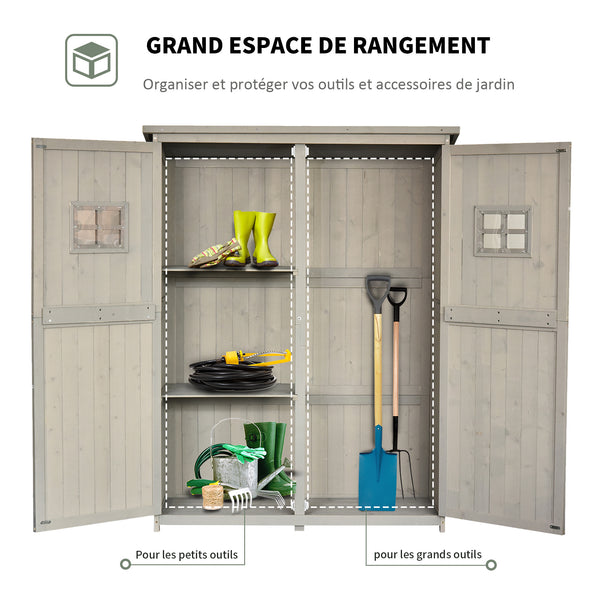 Abri de Jardin en bois Armoire de Jardin dim. 127,5L x 50l x 164H cm 2 étagères 2 Portes 2 fenêtres Toit bitumé étanche Bois Massif Sapin pré-huilé Gris
