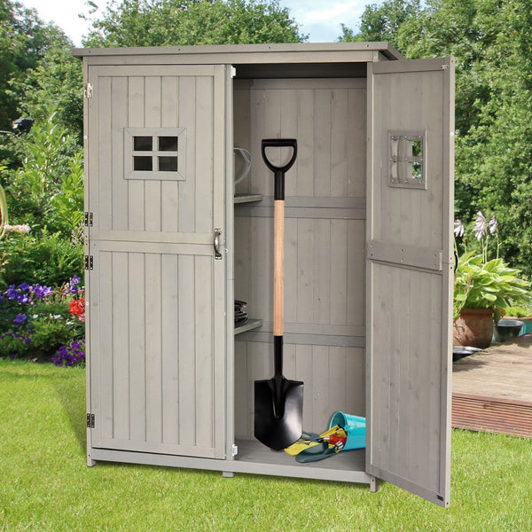 Abri de Jardin en bois Armoire de Jardin dim. 127,5L x 50l x 164H cm 2 étagères 2 Portes 2 fenêtres Toit bitumé étanche Bois Massif Sapin pré-huilé Gris