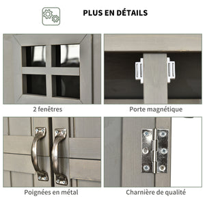 Abri de Jardin en bois Armoire de Jardin dim. 127,5L x 50l x 164H cm 2 étagères 2 Portes 2 fenêtres Toit bitumé étanche Bois Massif Sapin pré-huilé Gris