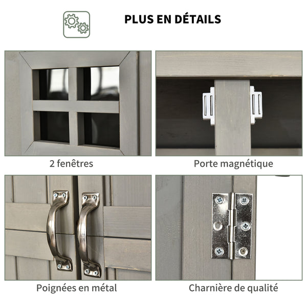 Abri de Jardin en bois Armoire de Jardin dim. 127,5L x 50l x 164H cm 2 étagères 2 Portes 2 fenêtres Toit bitumé étanche Bois Massif Sapin pré-huilé Gris
