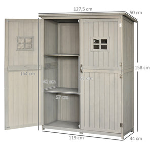 Abri de Jardin en bois Armoire de Jardin dim. 127,5L x 50l x 164H cm 2 étagères 2 Portes 2 fenêtres Toit bitumé étanche Bois Massif Sapin pré-huilé Gris