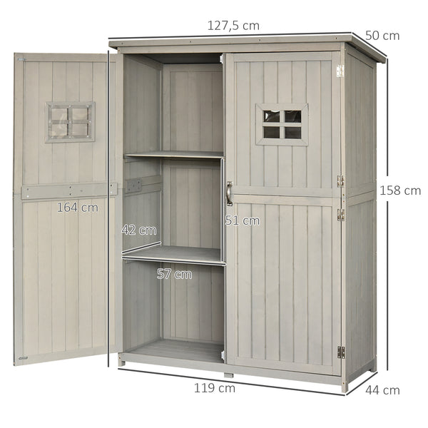 Abri de Jardin en bois Armoire de Jardin dim. 127,5L x 50l x 164H cm 2 étagères 2 Portes 2 fenêtres Toit bitumé étanche Bois Massif Sapin pré-huilé Gris