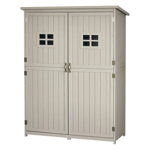 Abri de Jardin en bois Armoire de Jardin dim. 127,5L x 50l x 164H cm 2 étagères 2 Portes 2 fenêtres Toit bitumé étanche Bois Massif Sapin pré-huilé Gris