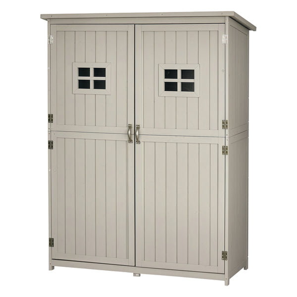 Abri de Jardin en bois Armoire de Jardin dim. 127,5L x 50l x 164H cm 2 étagères 2 Portes 2 fenêtres Toit bitumé étanche Bois Massif Sapin pré-huilé Gris