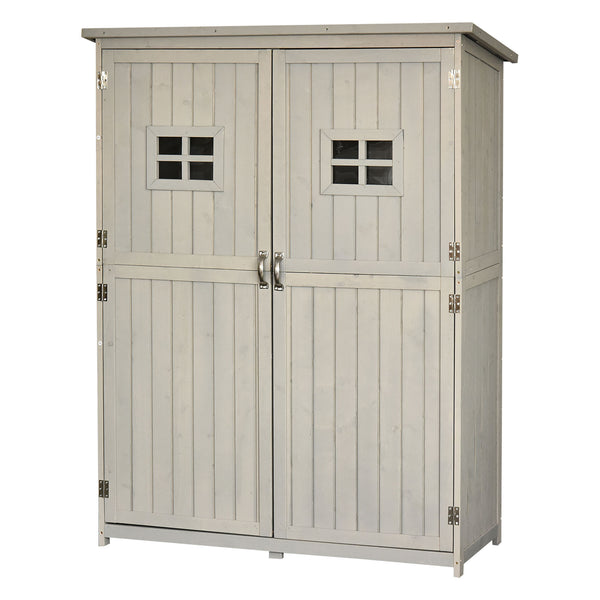 Abri de Jardin en bois Armoire de Jardin dim. 127,5L x 50l x 164H cm 2 étagères 2 Portes 2 fenêtres Toit bitumé étanche Bois Massif Sapin pré-huilé Gris