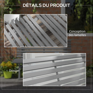Banc de jardin banquette extérieur 2 Places Assise Dossier à Lattes, en aluminium, dim. 123L x 67l x 79H cm, gris