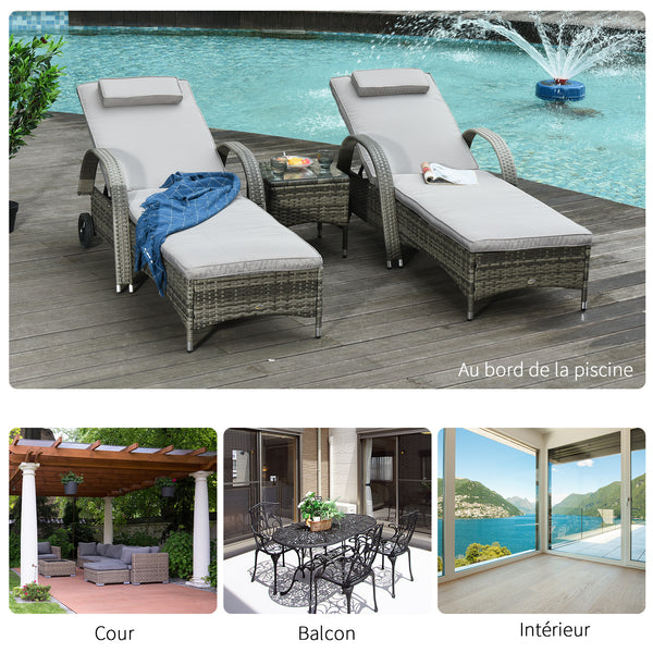Lot de 2 transats bains de soleil grand confort : matelas, têtière, inclinaison réglable multipositions, accoudoirs, roulettes + table basse verre trempé résine tressée grise