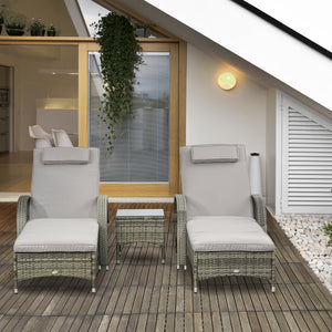 Lot de 2 transats bains de soleil grand confort : matelas, têtière, inclinaison réglable multipositions, accoudoirs, roulettes + table basse verre trempé résine tressée grise