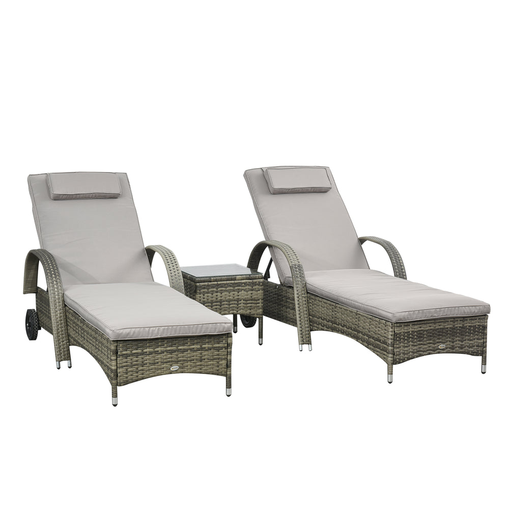 Lot de 2 transats bains de soleil grand confort : matelas, têtière, inclinaison réglable multipositions, accoudoirs, roulettes + table basse verre trempé résine tressée grise