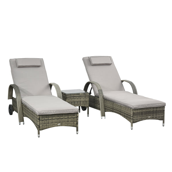 Lot de 2 transats bains de soleil grand confort : matelas, têtière, inclinaison réglable multipositions, accoudoirs, roulettes + table basse verre trempé résine tressée grise
