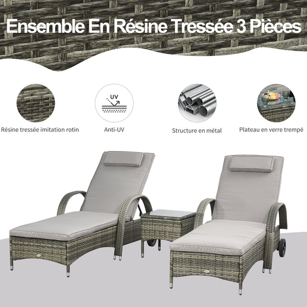 Lot de 2 transats bains de soleil grand confort : matelas, têtière, inclinaison réglable multipositions, accoudoirs, roulettes + table basse verre trempé résine tressée grise