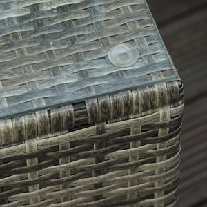 Lot de 2 transats bains de soleil grand confort : matelas, têtière, inclinaison réglable multipositions, accoudoirs, roulettes + table basse verre trempé résine tressée grise
