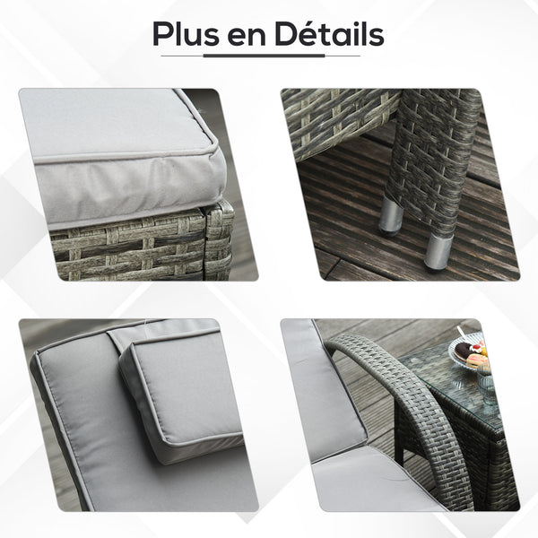 Lot de 2 transats bains de soleil grand confort : matelas, têtière, inclinaison réglable multipositions, accoudoirs, roulettes + table basse verre trempé résine tressée grise