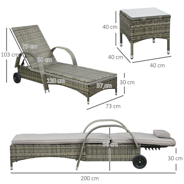 Lot de 2 transats bains de soleil grand confort : matelas, têtière, inclinaison réglable multipositions, accoudoirs, roulettes + table basse verre trempé résine tressée grise