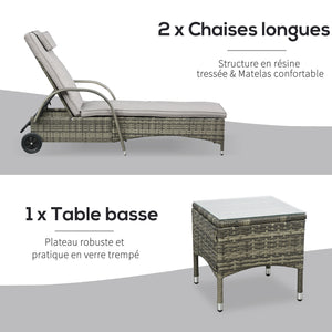 Lot de 2 transats bains de soleil grand confort : matelas, têtière, inclinaison réglable multipositions, accoudoirs, roulettes + table basse verre trempé résine tressée grise