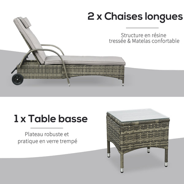 Lot de 2 transats bains de soleil grand confort : matelas, têtière, inclinaison réglable multipositions, accoudoirs, roulettes + table basse verre trempé résine tressée grise