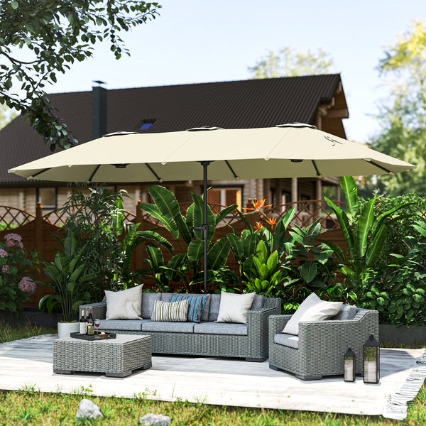 Parasol de jardin extérieur, parasol double rectangulaire 4 x 2,2 x 2,3 m avec ouverture fermeture manivelle, toile 180 g/m² pour balcon, piscine, terrasse, crème