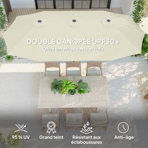 Parasol de jardin extérieur, parasol double rectangulaire 4 x 2,2 x 2,3 m avec ouverture fermeture manivelle, toile 180 g/m² pour balcon, piscine, terrasse, crème
