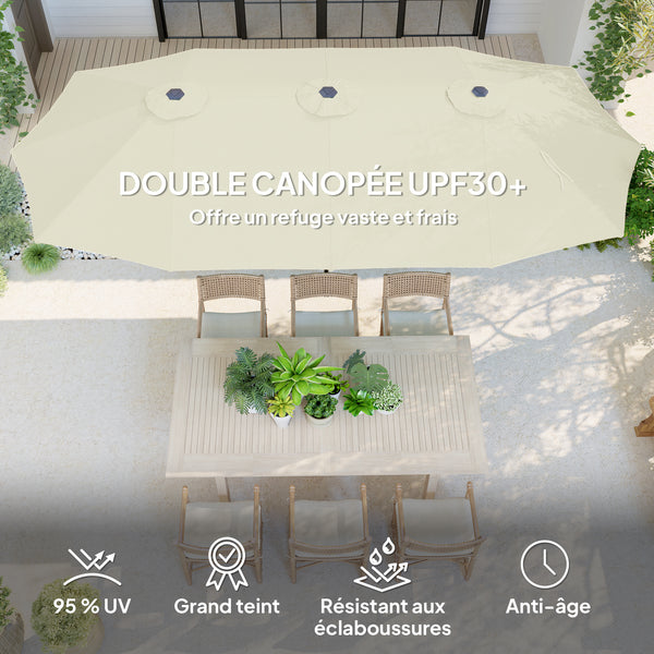 Parasol de jardin extérieur, parasol double rectangulaire 4 x 2,2 x 2,3 m avec ouverture fermeture manivelle, toile 180 g/m² pour balcon, piscine, terrasse, crème