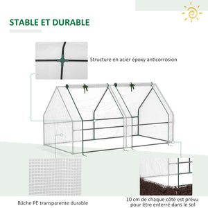 Mini Serre de Jardin mini serre tunnel 180L x 90l x 90H cm toit pointu Acier PE Haute densité 140 g/m² Anti-UV 2 fenêtres avec Zip enroulables Blanc