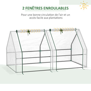 Mini Serre de Jardin mini serre tunnel 180L x 90l x 90H cm toit pointu Acier PE Haute densité 140 g/m² Anti-UV 2 fenêtres avec Zip enroulables Blanc