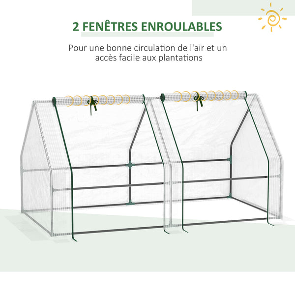 Mini Serre de Jardin mini serre tunnel 180L x 90l x 90H cm toit pointu Acier PE Haute densité 140 g/m² Anti-UV 2 fenêtres avec Zip enroulables Blanc