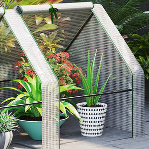 Mini Serre de Jardin mini serre tunnel 180L x 90l x 90H cm toit pointu Acier PE Haute densité 140 g/m² Anti-UV 2 fenêtres avec Zip enroulables Blanc