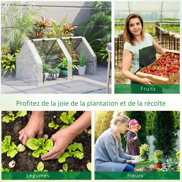 Mini Serre de Jardin mini serre tunnel 180L x 90l x 90H cm toit pointu Acier PE Haute densité 140 g/m² Anti-UV 2 fenêtres avec Zip enroulables Blanc