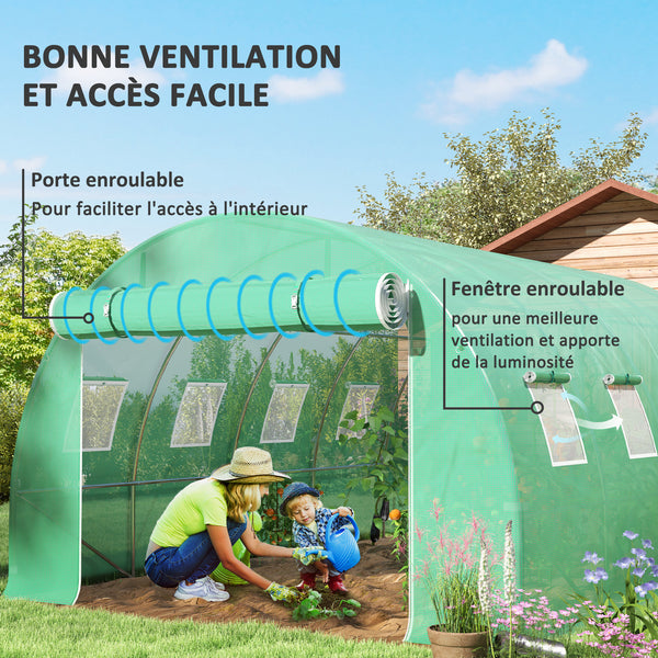 Bâche de Rechange Serre Tunnel 12 m², bâche 4 x 3 x 2 m PE Anti-UV imperméable 8 fenêtres + Porte Enroulable zippée Vert