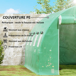 Bâche de Rechange Serre Tunnel 12 m², bâche 4 x 3 x 2 m PE Anti-UV imperméable 8 fenêtres + Porte Enroulable zippée Vert