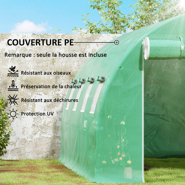 Bâche de Rechange Serre Tunnel 12 m², bâche 4 x 3 x 2 m PE Anti-UV imperméable 8 fenêtres + Porte Enroulable zippée Vert