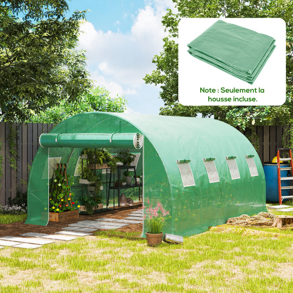 Bâche de Rechange Serre Tunnel 12 m², bâche 4 x 3 x 2 m PE Anti-UV imperméable 8 fenêtres + Porte Enroulable zippée Vert