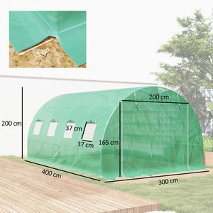 Bâche de Rechange Serre Tunnel 12 m², bâche 4 x 3 x 2 m PE Anti-UV imperméable 8 fenêtres + Porte Enroulable zippée Vert