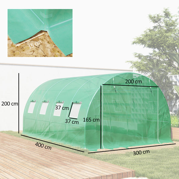 Bâche de Rechange Serre Tunnel 12 m², bâche 4 x 3 x 2 m PE Anti-UV imperméable 8 fenêtres + Porte Enroulable zippée Vert