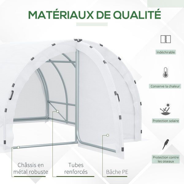 Serre de Jardin Tunnel Surface Sol 12 m² 4L x 3l x 2H m châssis Tubulaire renforcé 25 mm Double Porte avec poignées Blanc