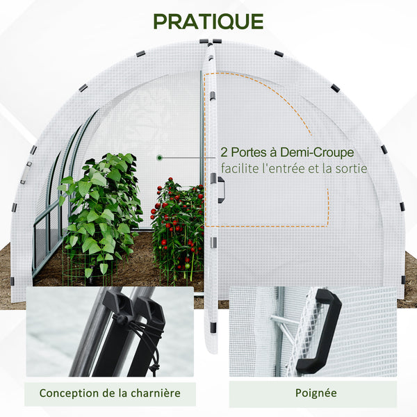 Serre de Jardin Tunnel Surface Sol 12 m² 4L x 3l x 2H m châssis Tubulaire renforcé 25 mm Double Porte avec poignées Blanc