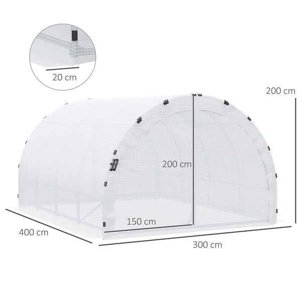 Serre de Jardin Tunnel Surface Sol 12 m² 4L x 3l x 2H m châssis Tubulaire renforcé 25 mm Double Porte avec poignées Blanc