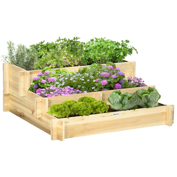 Carré Potager de jardin en Bois massif, Jardinière Surélevé en Escalier 3 Niveaux, 93 x 93 x 35 cm, pour Jardin Balcon Terrasse, effet Bois Naturel