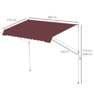 Store banne Manuel rétractable 3L x 1,5l m Auvent Téléscopique sans Perçage Inclinaison et Hauteur réglable Installation Rapide métal alu Polyester Anti-UV bordeaux