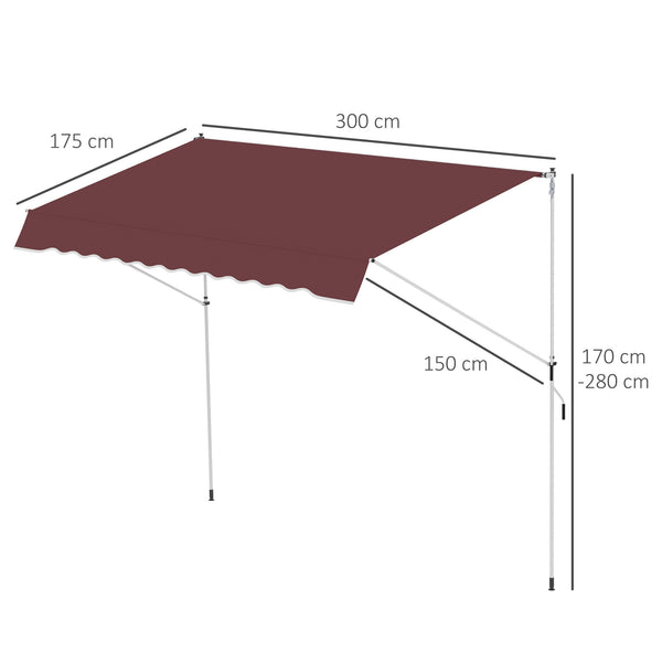 Store banne Manuel rétractable 3L x 1,5l m Auvent Téléscopique sans Perçage Inclinaison et Hauteur réglable Installation Rapide métal alu Polyester Anti-UV bordeaux