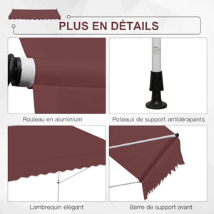 Store banne Manuel rétractable 3L x 1,5l m Auvent Téléscopique sans Perçage Inclinaison et Hauteur réglable Installation Rapide métal alu Polyester Anti-UV bordeaux