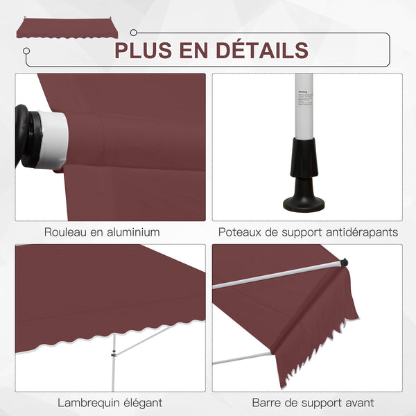 Store banne Manuel rétractable 3L x 1,5l m Auvent Téléscopique sans Perçage Inclinaison et Hauteur réglable Installation Rapide métal alu Polyester Anti-UV bordeaux