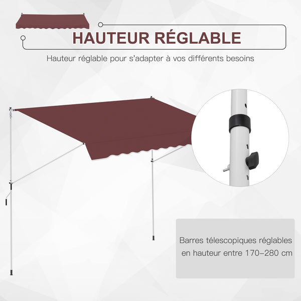 Store banne Manuel rétractable 3L x 1,5l m Auvent Téléscopique sans Perçage Inclinaison et Hauteur réglable Installation Rapide métal alu Polyester Anti-UV bordeaux