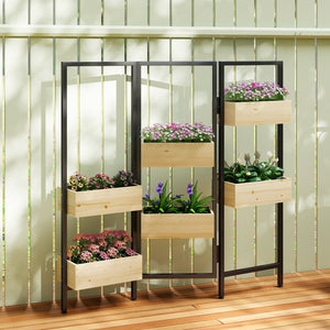 Séparateur de pièce avec 6 bacs à plantes, paravent extérieur pliable à 3 panneaux avec trou de drainage et doublure, pour l'intérieur et l'extérieur, patio, balcon, salon, bois naturel