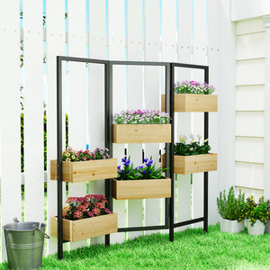 Séparateur de pièce avec 6 bacs à plantes, paravent extérieur pliable à 3 panneaux avec trou de drainage et doublure, pour l'intérieur et l'extérieur, patio, balcon, salon, bois naturel