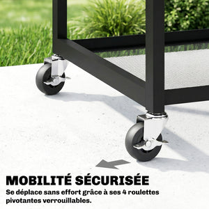 Desserte jardin chariot de barbecue sur roulettes îlot de cuisine avec Plateau Latéral Pliable, Trois Étagères, Crochets et Poinége, 133 x 48,5 x 82 cm, Noir