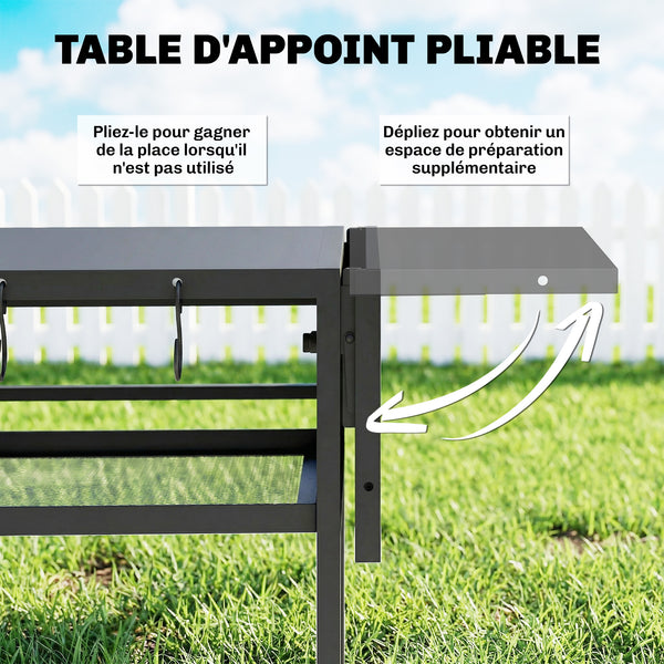 Desserte jardin chariot de barbecue sur roulettes îlot de cuisine avec Plateau Latéral Pliable, Trois Étagères, Crochets et Poinége, 133 x 48,5 x 82 cm, Noir