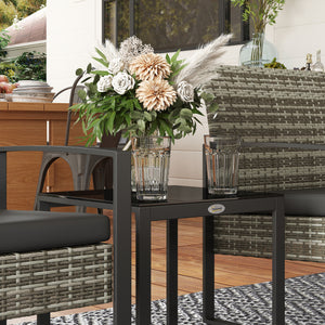 Salon de jardin 2 places 3 pièces 2 chaises avec coussins + table basse plateau verre trempé résine tressée 4 fils imitation rotin gris clair