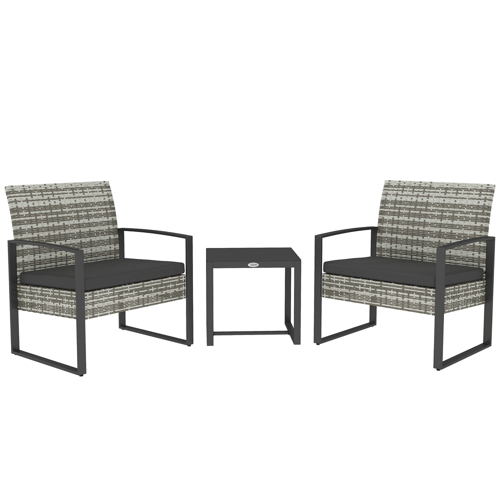 Salon de jardin 2 places 3 pièces 2 chaises avec coussins + table basse plateau verre trempé résine tressée 4 fils imitation rotin gris clair